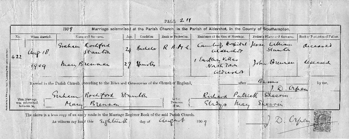 Graham Rochford STANTON and Mary BRENNAN Marriage Certificate